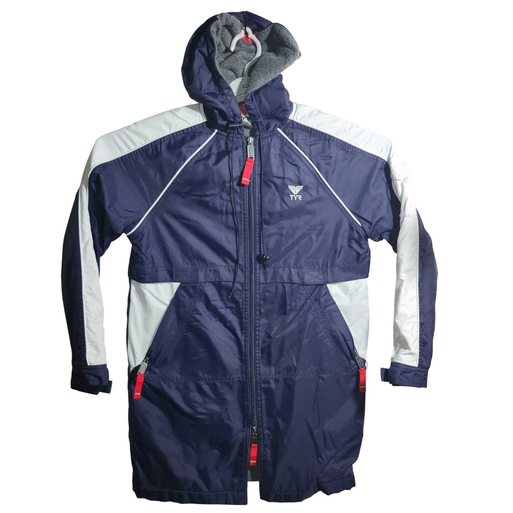TYR Alliance Parka Navy Blue White Fleece Lined Hooded Swim Parka Medium